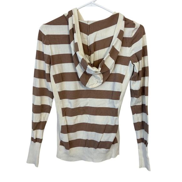 Guess Striped Ribbed Hooded Full Zip Sweater Slim Fit White Brown Size Medium - Picture 2 of 7